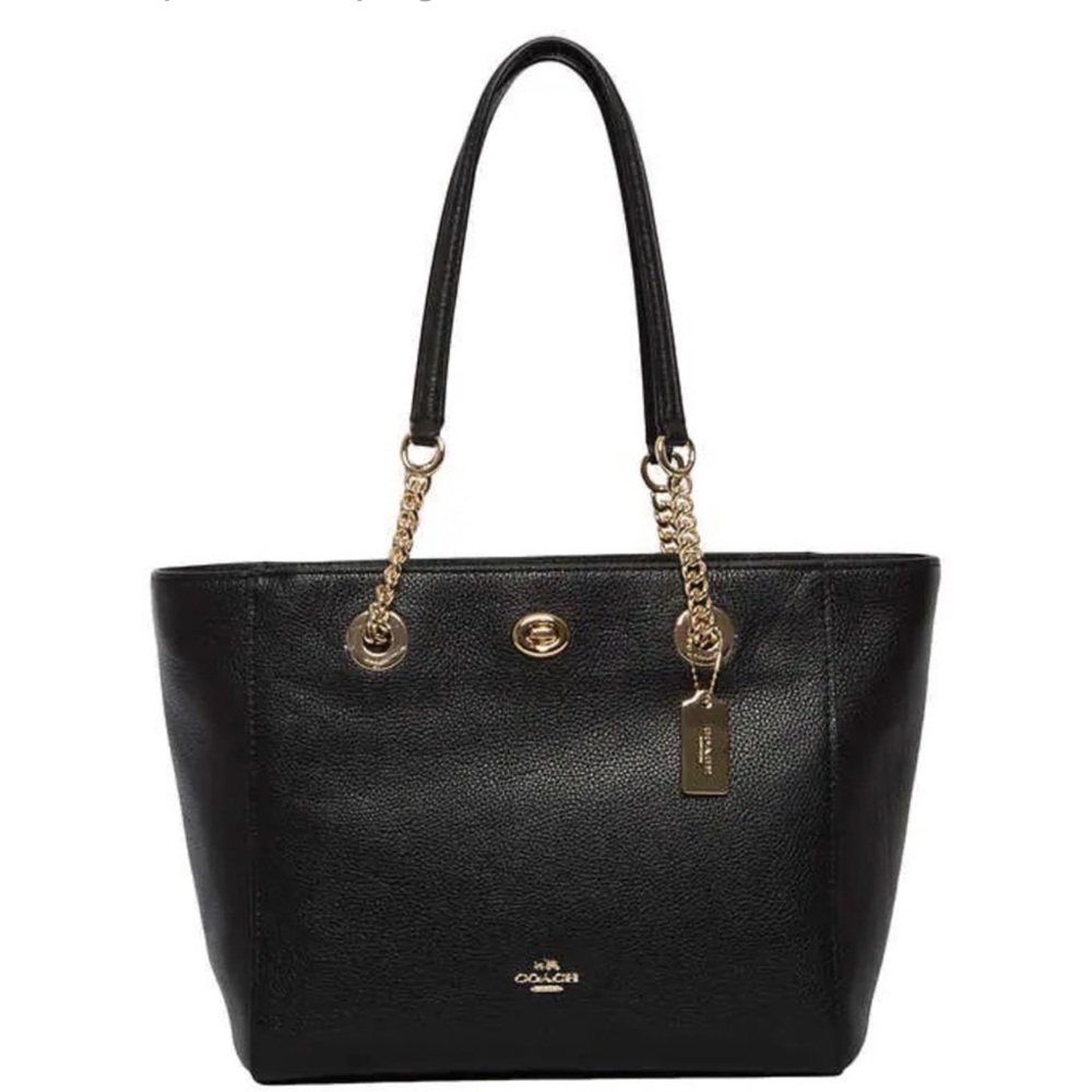 COACH Black Leather Tote Handbag Purse Turnlock Stylish Like New
